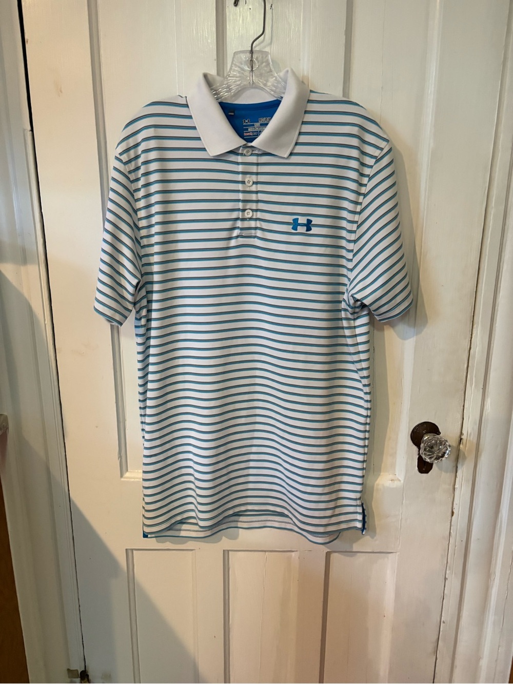 Under Armour Men’s White and Light Blue Striped Polo Shirt